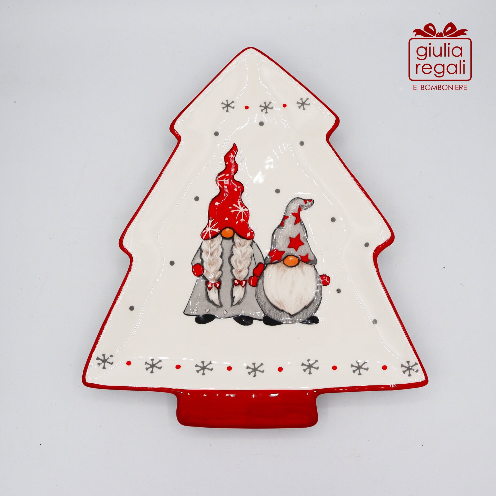 Piatto Natalizio Cuorematto a forma di Albero con Gnomi - 01 Antipastiera Natalizia Cuorematto a forma di Albero con Gnomi