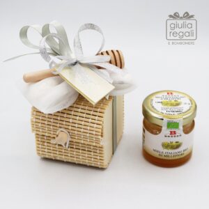 00135. Bomboniere Barattolo di Miele dentro scatolina in bamboo Solidale Cuorematto per Nozze d'Argento