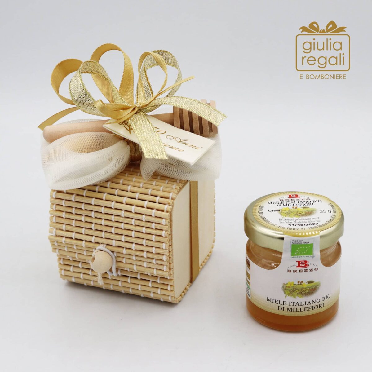 Bomboniere Barattolo di Miele dentro scatolina in bamboo Solidale Cuorematto per Nozze d'oro