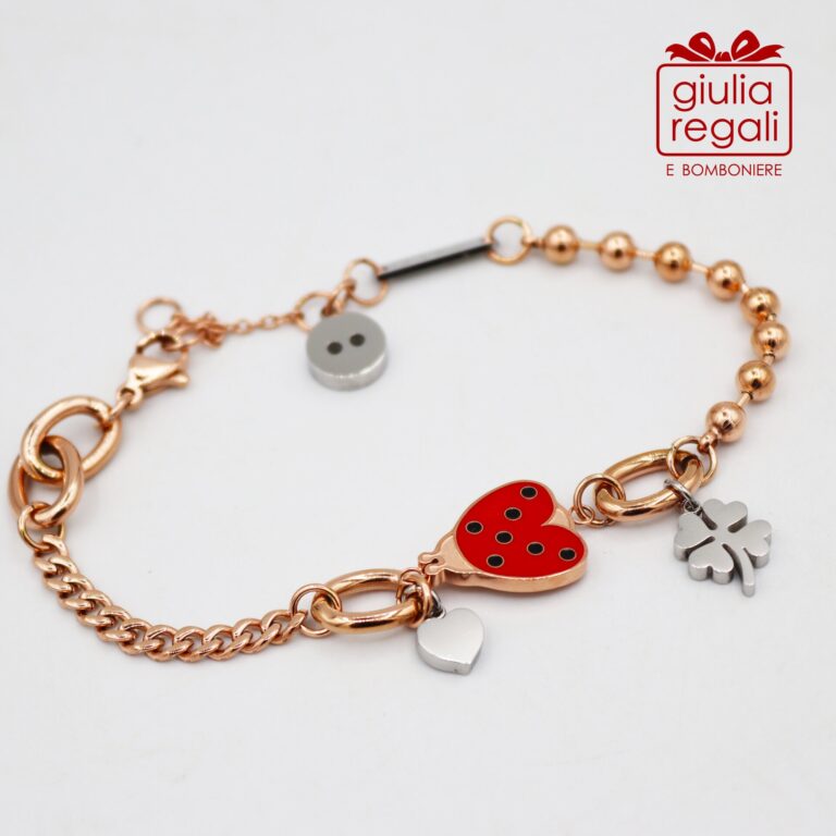 Braccialetto Wald Coccinella con Quadrifoglio e Cuore color oro rosa