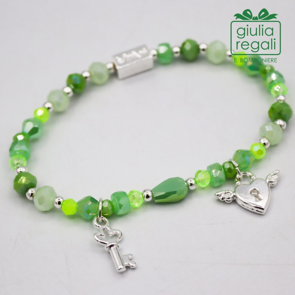 Braccialetto pietre e cristalli - verde - chiave lucchetto cuore
