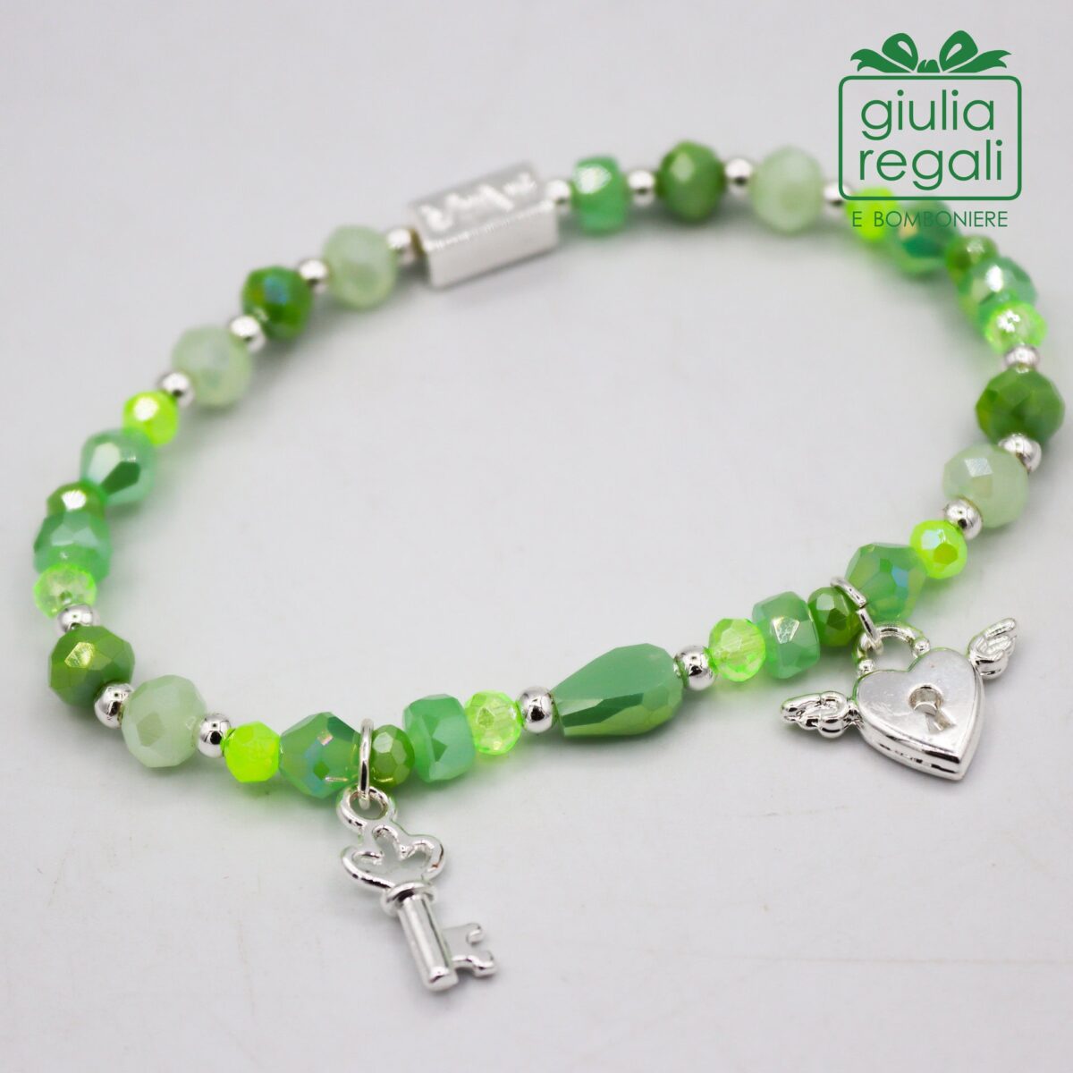 Braccialetto pietre e cristalli - verde - chiave lucchetto cuore