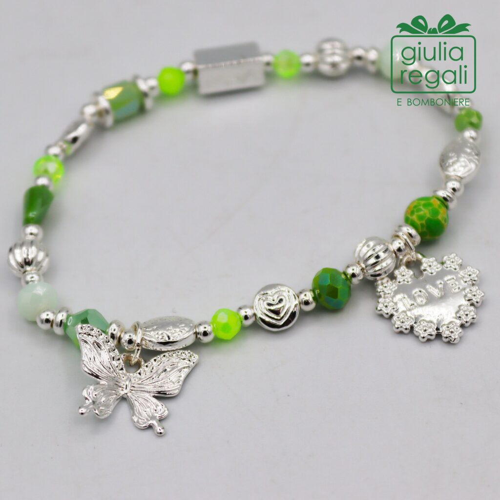 Braccialetto pietre e cristalli - verde - farfalla cuore