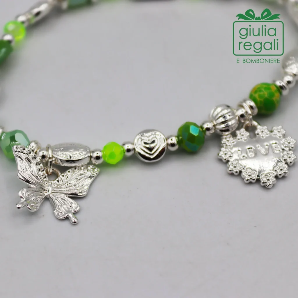 Braccialetto pietre e cristalli - verde - farfalla cuore