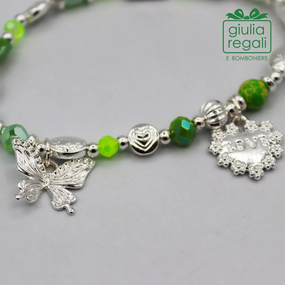 Braccialetto pietre e cristalli - verde - farfalla cuore