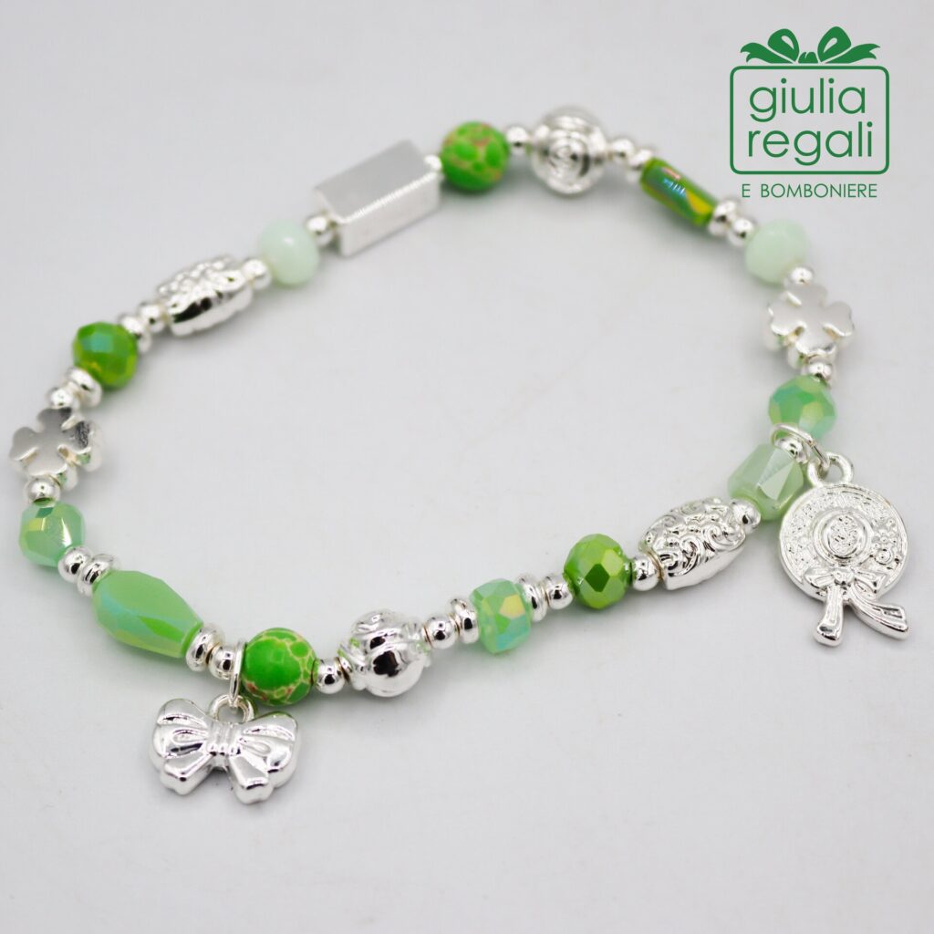 Braccialetto pietre e cristalli - verde - fiocco coccarda