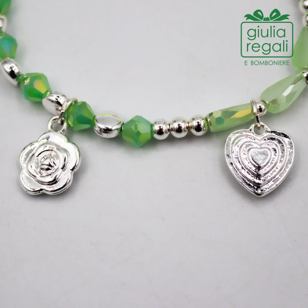 Braccialetto pietre e cristalli - verde - rosa cuore