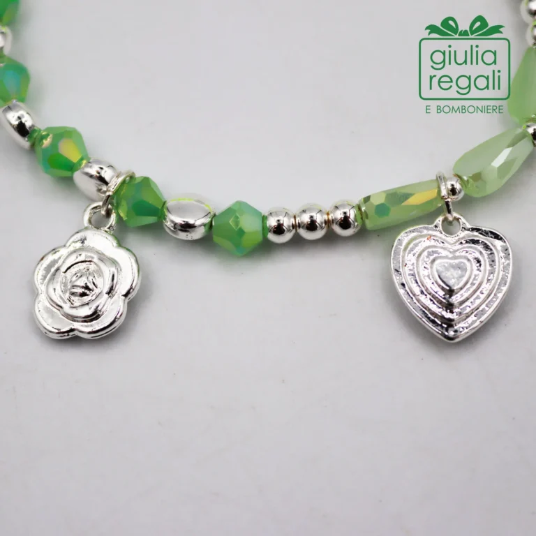 Braccialetto pietre e cristalli - verde - rosa cuore