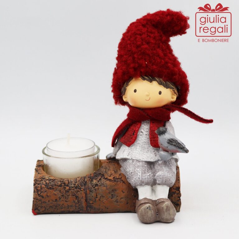 Bimbo seduto su tronco portacandela con uccellino - Natale