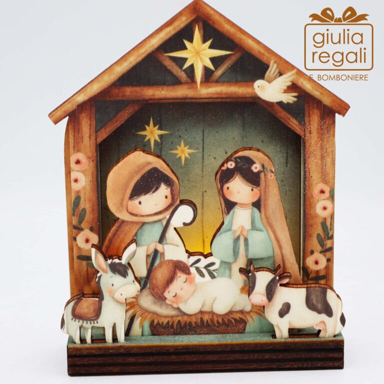Presepe artigianale in legno con luce e scatola regalo