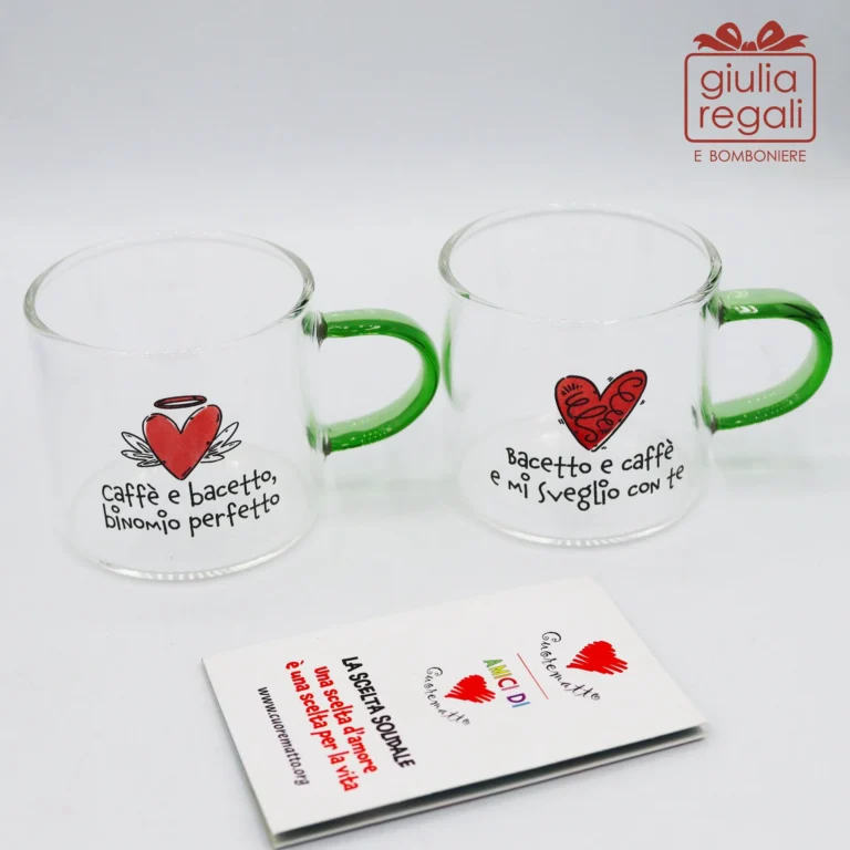 Bomboniera Set 2 tazzine in vetro borosilicato con cuoricini Cuorematto