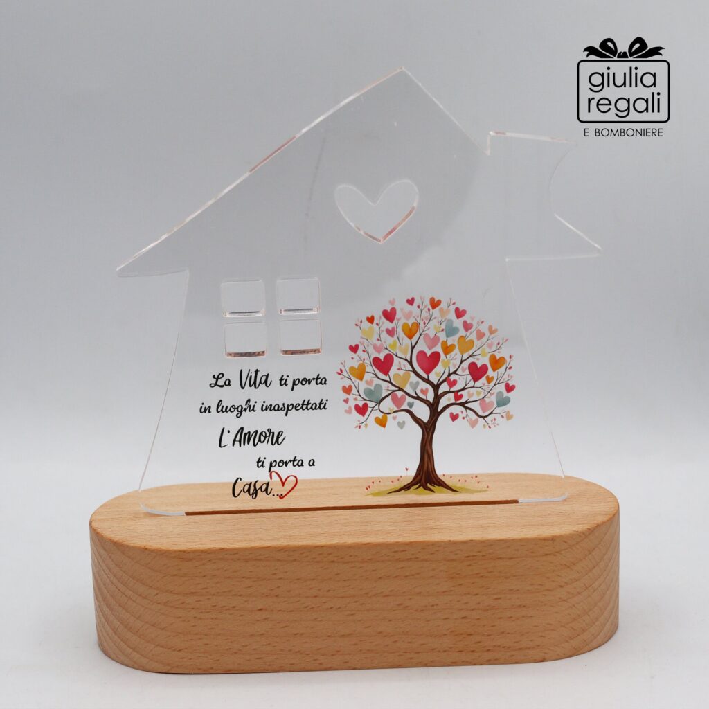 Lampada LED a Casetta con Albero della Vita in Plexiglass e Legno - Luce Notturna USB o a Pile 14,6x6x17 cm