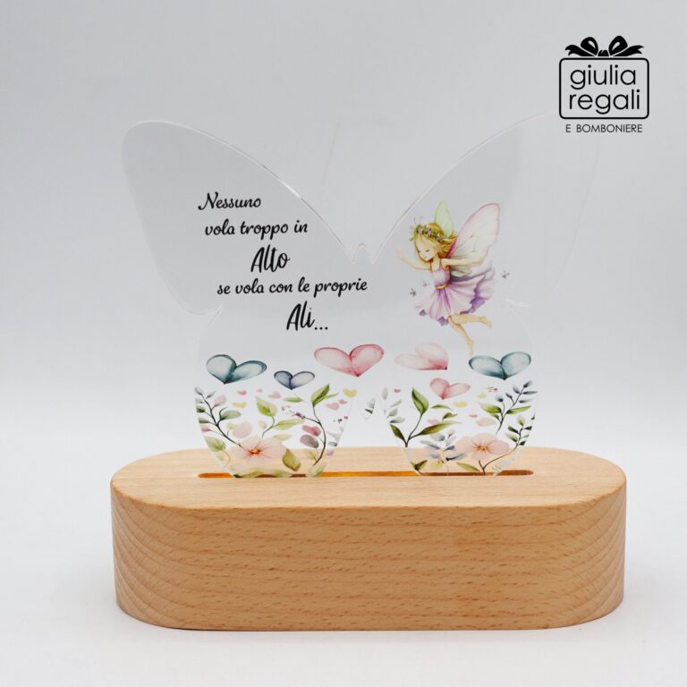 Lampada LED a Farfalla con Fatina in Plexiglass e Legno - Luce Notturna USB o a Pile 14,5x6x15 cm