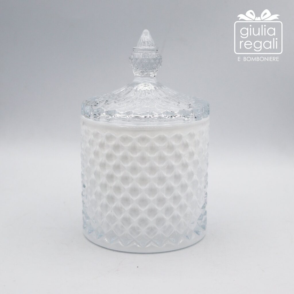 Scatola cilindrica in vetro con coperchio decorato - 8,5x13 cm