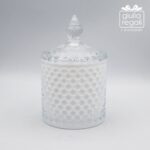 Scatola cilindrica in vetro con coperchio decorato - 8,5x13 cm