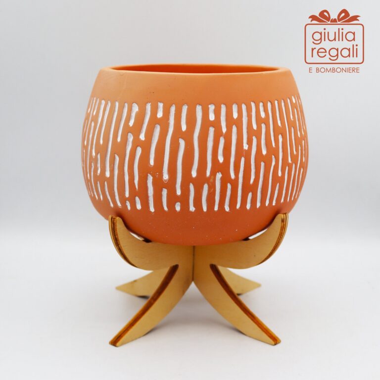 Portapiante in coccio con base in legno - Stile etnico decorato