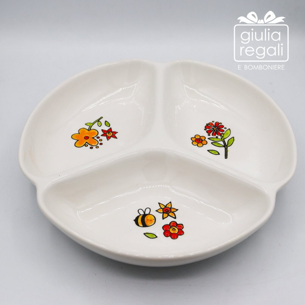 Antipastiera in Ceramica 3 Scomparti Cuorematto - Api e Fiori 22 cm