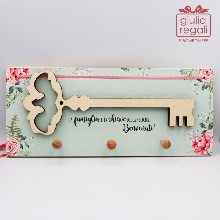 Appendioggetti da parete con chiave in legno e scritta Benvenuti - 33 cm