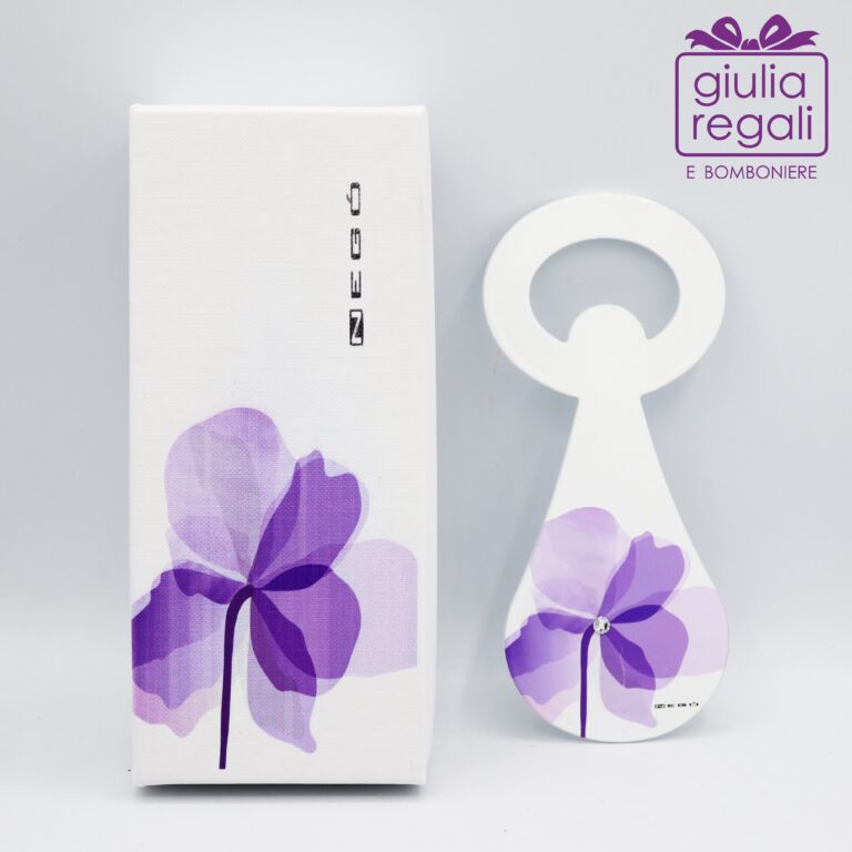 Apribottiglie in metallo con fiore viola e strass - Made in Italy