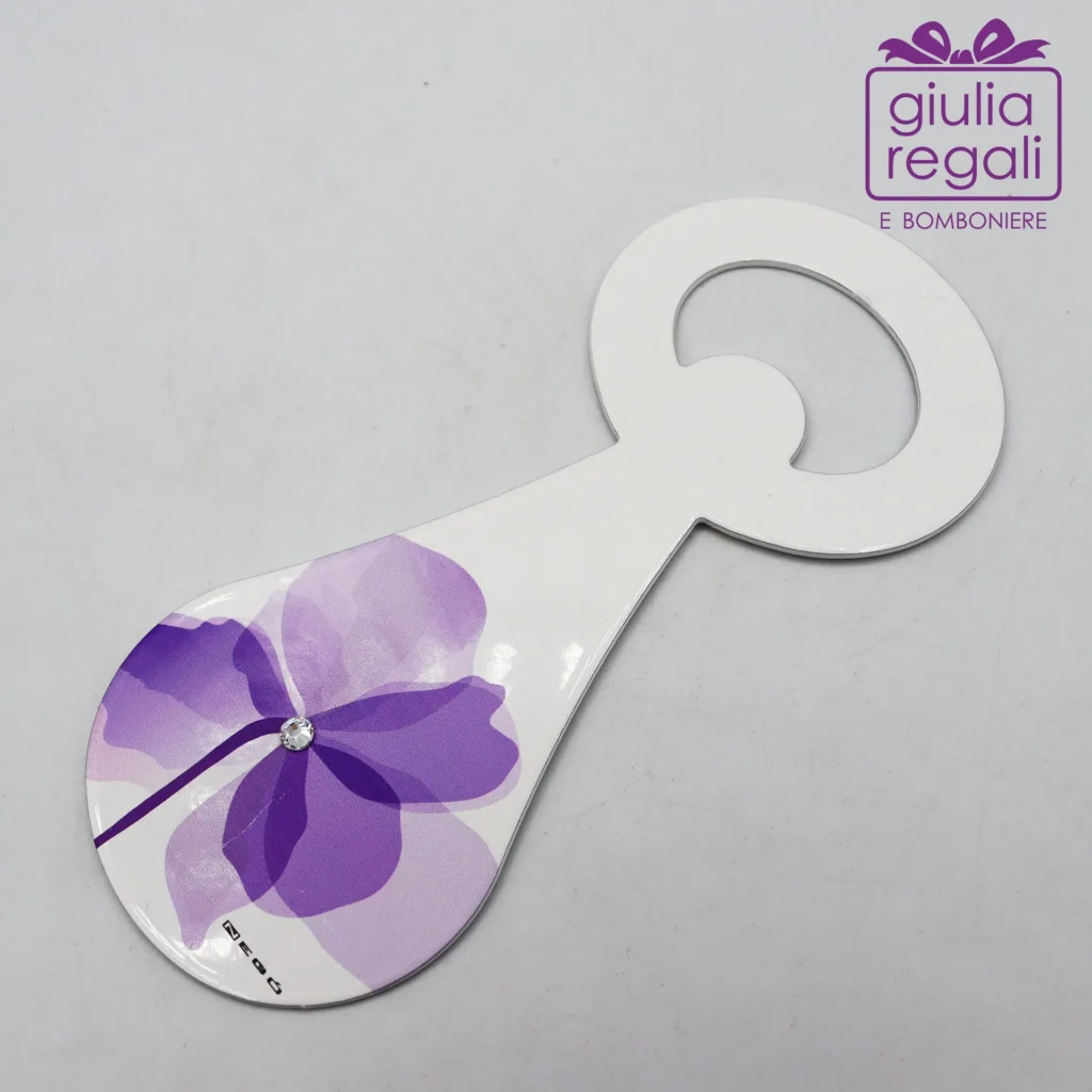 Apribottiglie in metallo con fiore viola e strass - Made in Italy