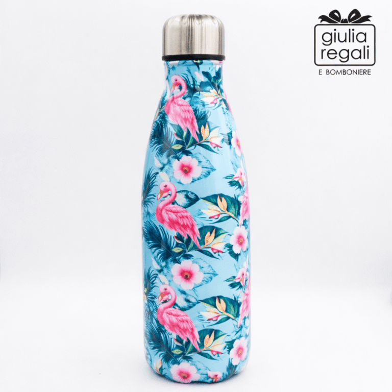 Borraccia termica in acciaio decorata a fiori base celeste - 500 ml