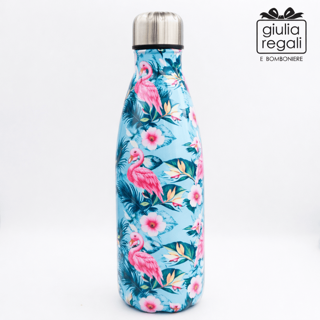 Borraccia termica in acciaio decorata a fiori base celeste - 500 ml