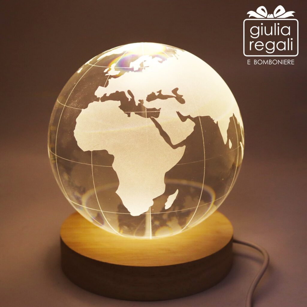Lampada mappamondo in vetro con base in legno - luce LED