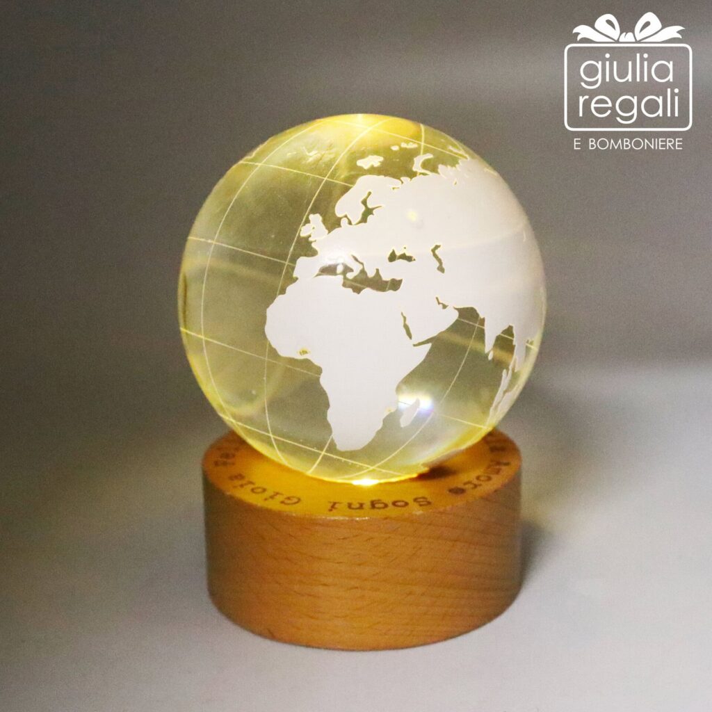 Lampada mappamondo in vetro con base in legno - luce LED a batterie