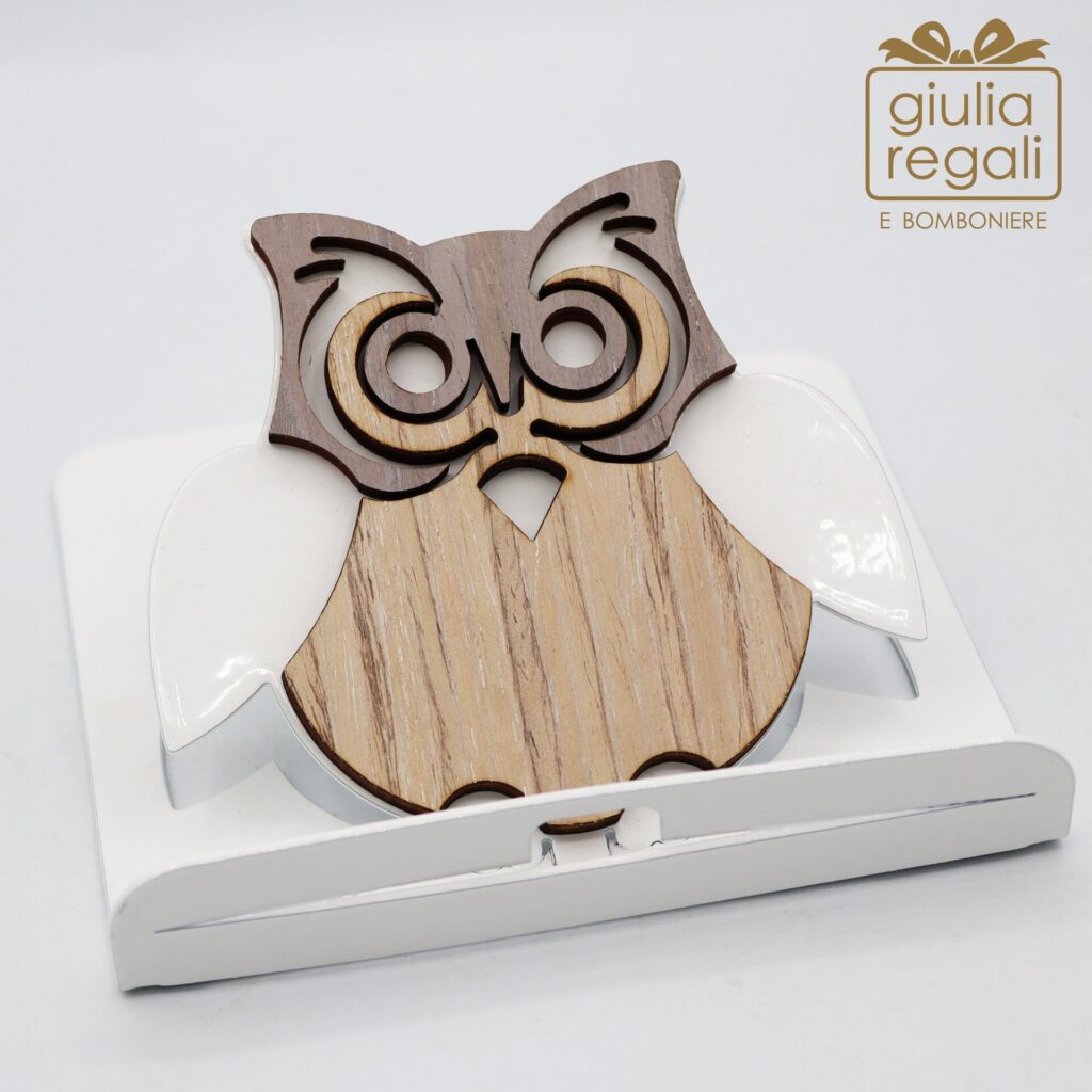 Portacellulare e tablet in legno con gufo - base in metallo