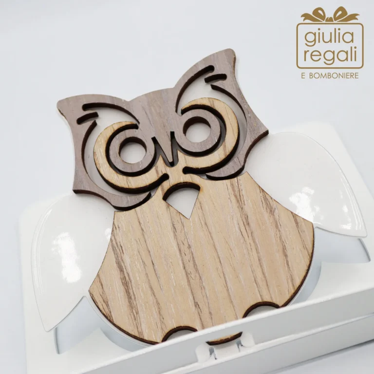 Portacellulare e tablet in legno con gufo - base in metallo