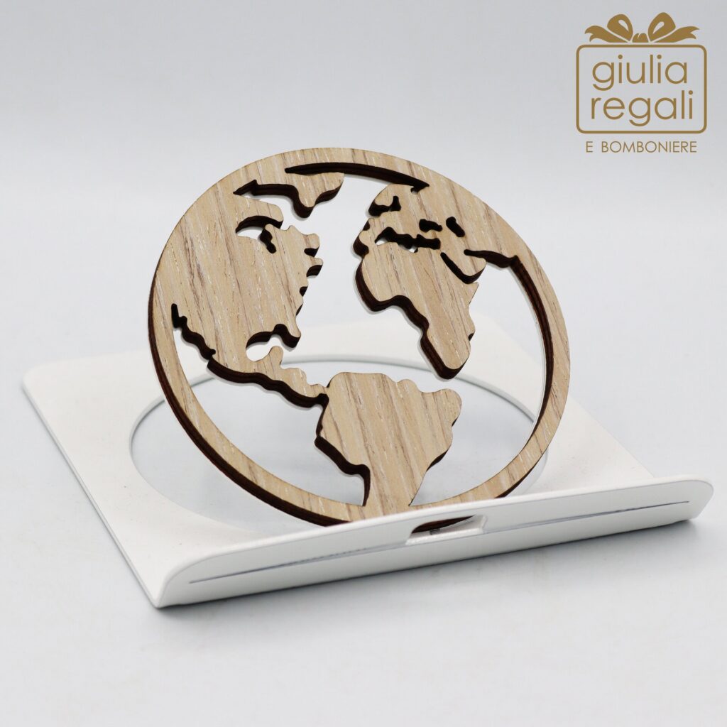 Portacellulare e tablet in legno con mappamondo - base in metallo