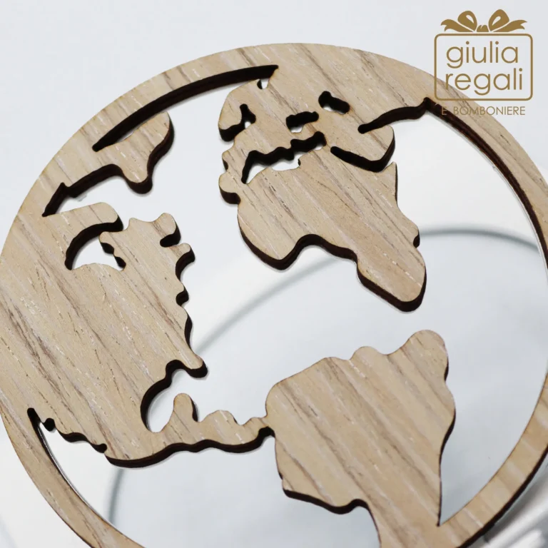 Portacellulare e tablet in legno con mappamondo - base in metallo