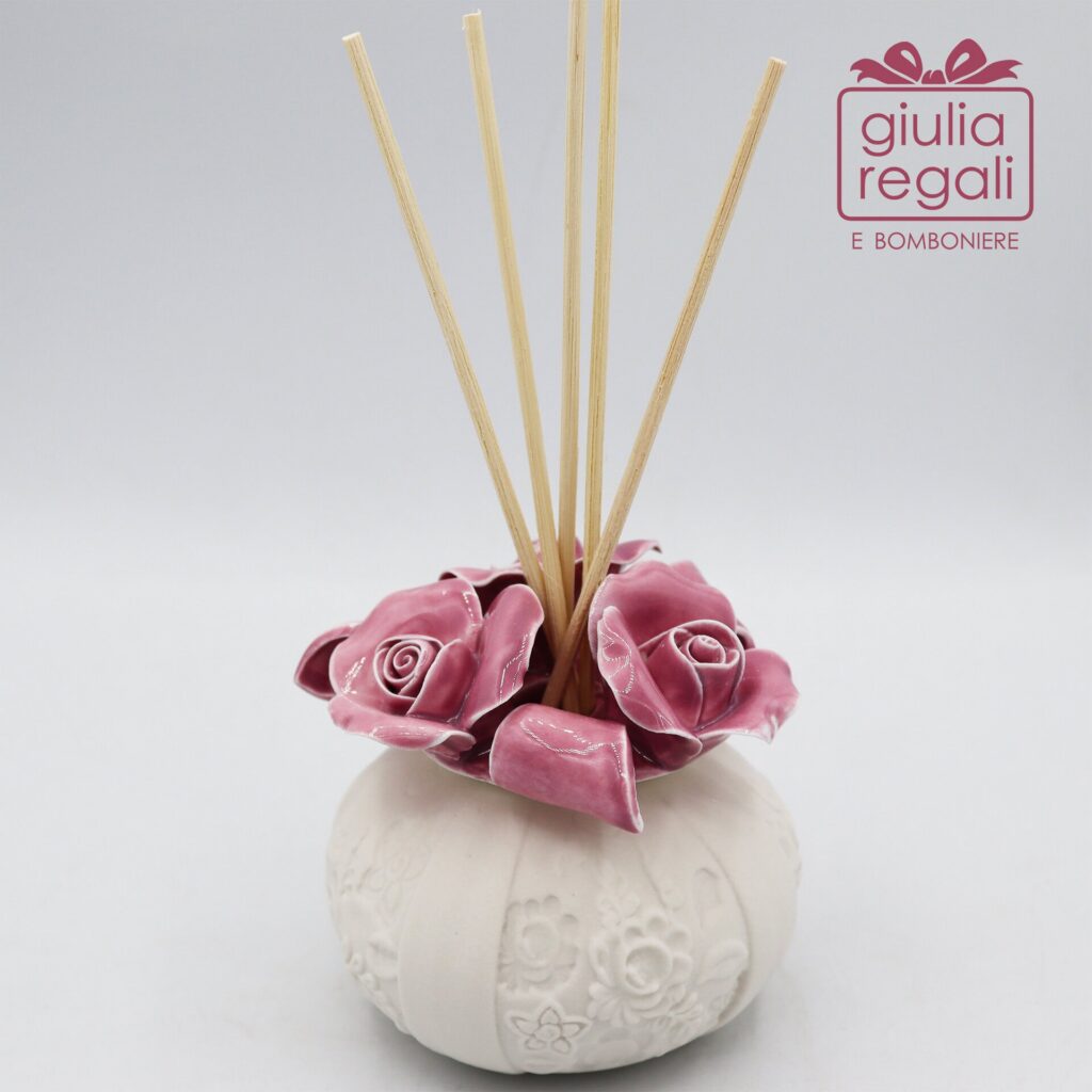 Profumatore in porcellana con rose rosa antico - Diffusore ambiente 8 cm