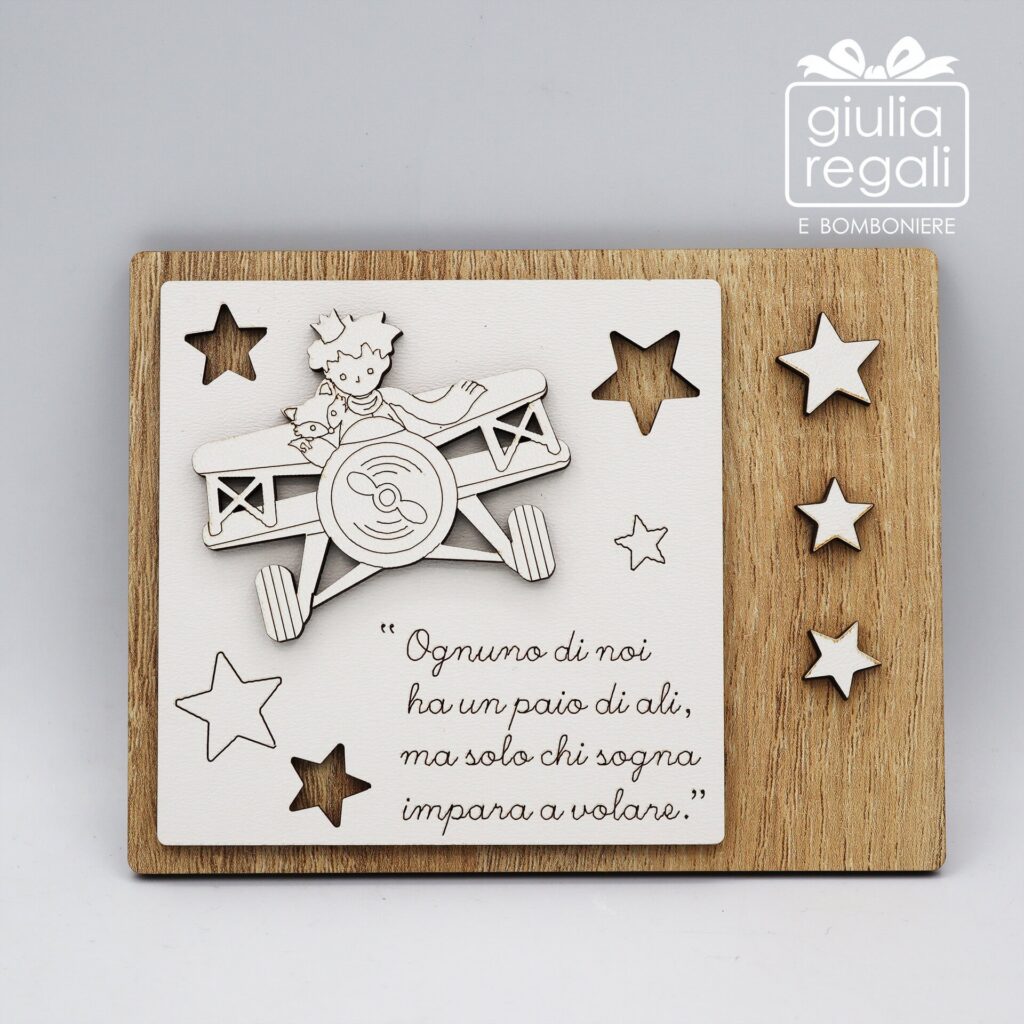 Quadretto in legno Piccolo Principe aereo volpe con frase
