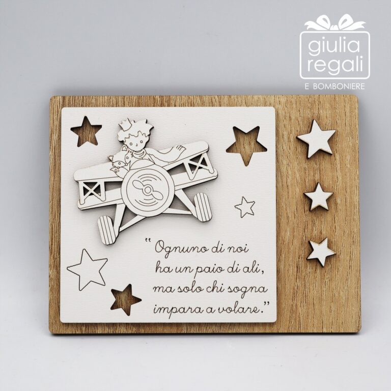 Quadretto in legno Piccolo Principe aereo volpe con frase