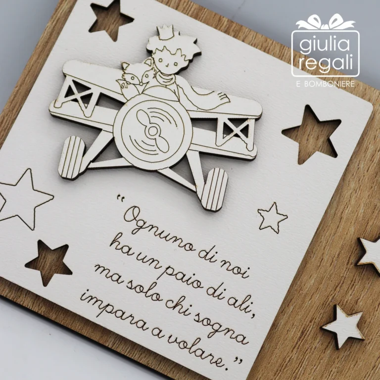Quadretto in legno Piccolo Principe aereo volpe con frase