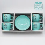 Set 4 tazzine con piattino in ceramica acqua marina - Decoro casetta con cuore