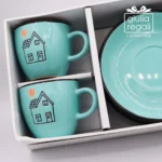Set 4 tazzine con piattino in ceramica acqua marina - Decoro casetta con cuore