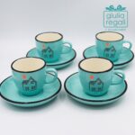 Set 4 tazzine con piattino in ceramica acqua marina - Decoro casetta con cuore
