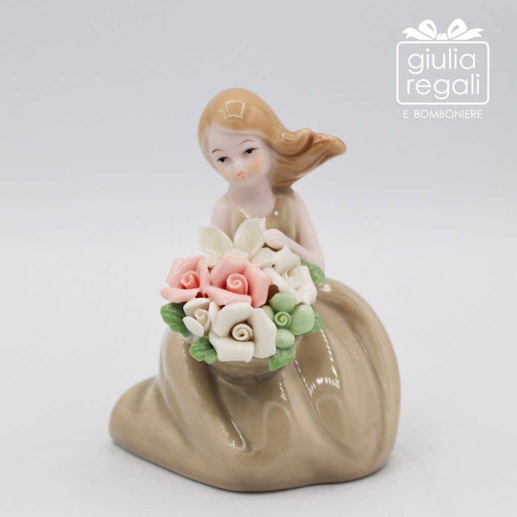 Statuina Dama Seduta in Porcellana con Bouquet - Figura Decorativa
