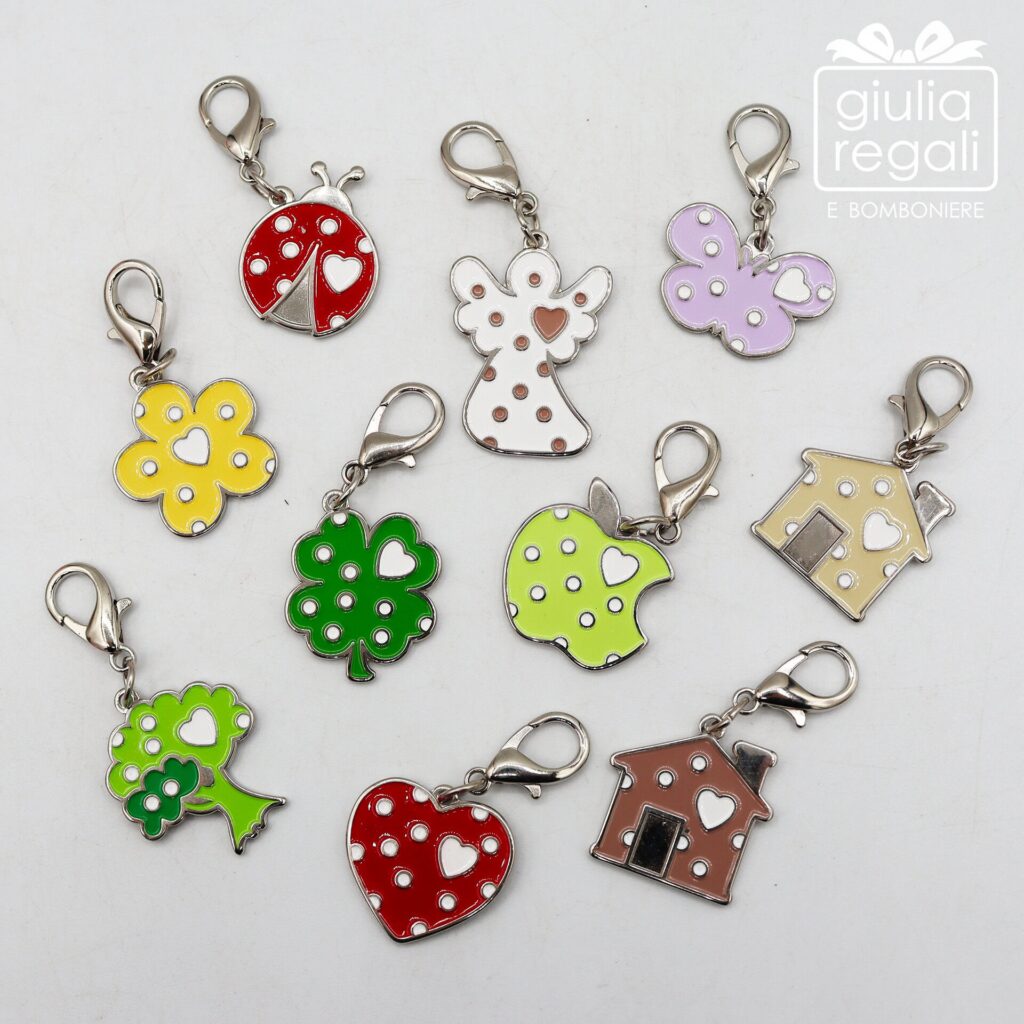 Ciondolo smaltato con moschettone - charm portafortuna colorato a pois 2,5 cm