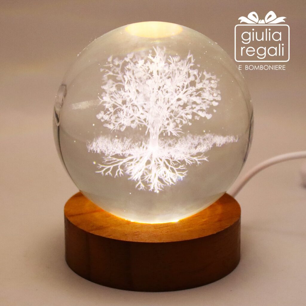 Sfera luminosa Albero della Vita in cristallo con base LED