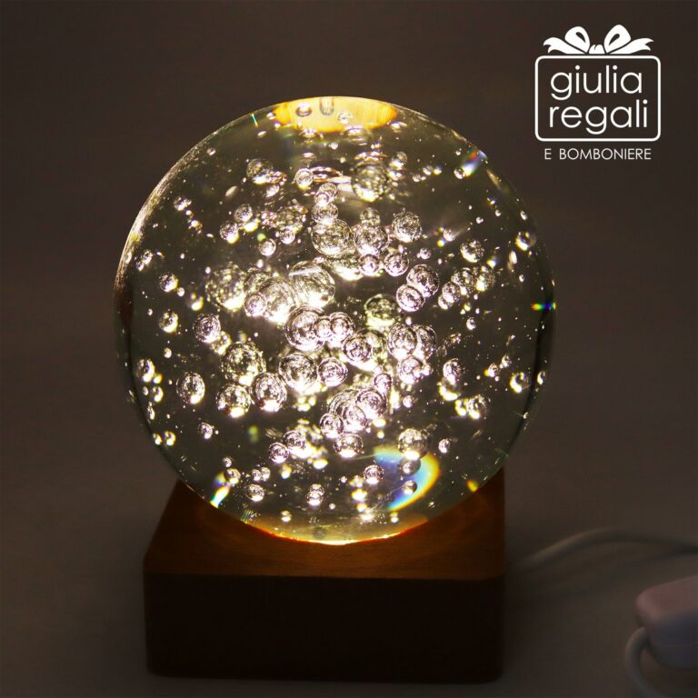 Sfera luminosa in cristallo con bolle e base LED