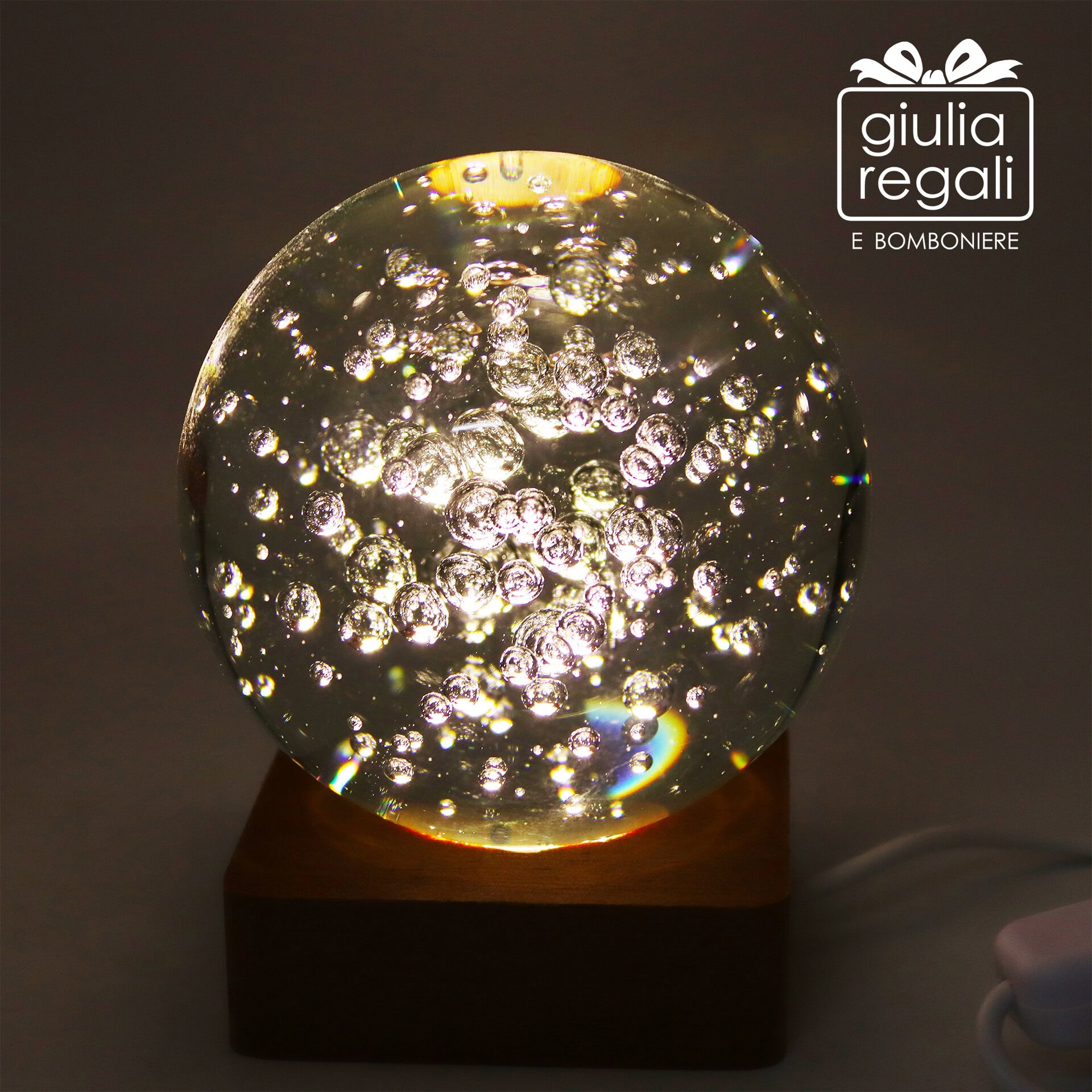 Sfera luminosa in cristallo con bolle e base LED - 01 Sfera luminosa in cristallo con bolle e base LED